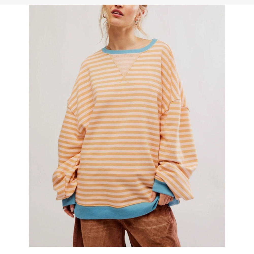 Free People Peach and Blue Striped Crew
